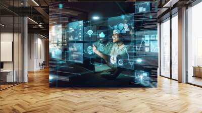 Digital transformation, black people and group networking on computer. Overlay, ai and business people on ui, technology or ux and futuristic big data, 5g network and social connection in dark office Wall mural