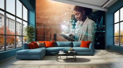 Futuristic, social network app or woman with tablet hologram of world user data or global analytics. Mobile tech ux, ui or business black woman with web internet, social media and future digital info Wall mural