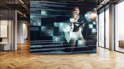 Woman, futuristic technology and phone networking with big data for global communication at night. Female employee developer at work on digital transformation, cyber security and fintech overlay Wall mural