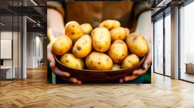 A man holding a box with fresh Delicious potatoes on the farm, full of organic products. view from above. AI GENERATE Wall mural