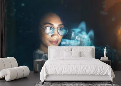 Black woman, tech overlay and global business on phone at night for research and cybersecurity. Iot future 3d hologram in workplace for person networking and cloud computing big data mockup space Wall mural