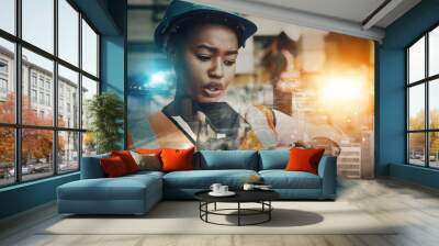 Engineering, black woman and phone with city overlay for time management communication and development. Civil engineer, technician or construction leader with safety helmet for future architecture Wall mural