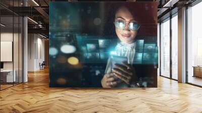 Futuristic, AI and business woman, smartphone and connectivity, cyber data overlay and technology innovation. Digital transformation, mockup space and tech analytics, dashboard and internet hologram Wall mural