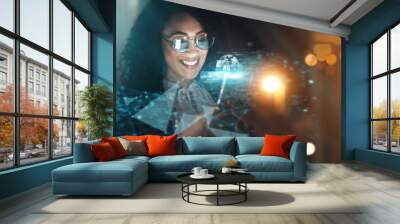 Overlay, global tech and black woman at night for information technology, research or digital job. Iot, smile and future 3d world hologram in dark, person networking with cloud computing dashboard Wall mural