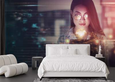 Overlay, hologram and cybersecurity with a business woman in a dark office working late at night on programming. Mockup, cloud computing and programming with a female developer at work on software Wall mural