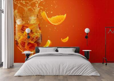 An Aperol Spritz cocktail with splashes, on an orange background with copy space for text Wall mural