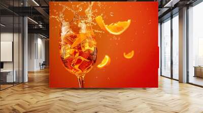 An Aperol Spritz cocktail with splashes, on an orange background with copy space for text Wall mural