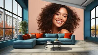 Beautiful girl smiling with curly hair and clean healthy skin, looking into the camera. Generative AI and digital editing. Wall mural