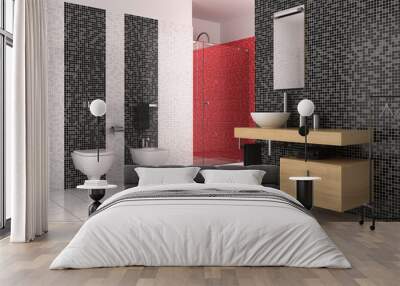 modern bathroom with black, red and white tiles Wall mural