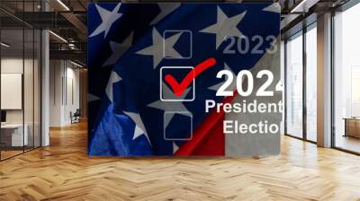 2024 presidential election year in United States as illustration template on blue background wall with reflection. Wall mural