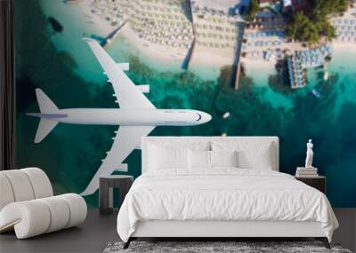 Airplane flying over beach with palm tree, white sand and turquoise ocean Wall mural