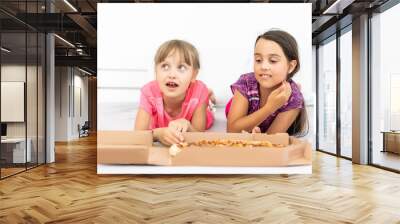 Attractive little girls posing with pizza boxes Wall mural