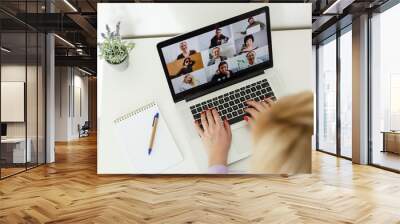 Back view of female employee speak talk on video call with diverse multiracial colleagues on online briefing, woman worker have Webcam group conference with coworkers on modern laptop at home Wall mural