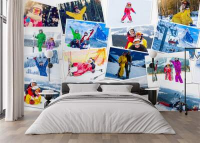 Big photo collage of winter sports ski and snowboarding. Groups of friends and individuals having fun, riding and jumping on slope and off-piste Wall mural