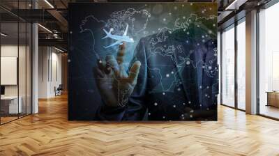 businessman touch plane connect to plan world map Wall mural