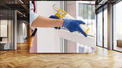 Construction worker sealing window with caulk indoors Wall mural