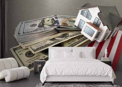 Dollar banknotes and USA national flag. paper house Wall mural