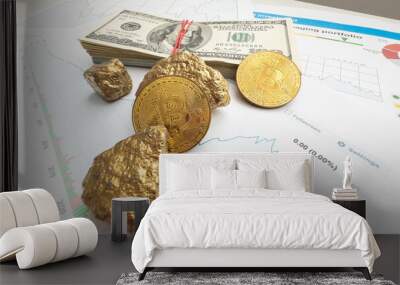 Economic concept: Crypto currency, money and gold on global stock markets. Three shiny bitcoin and two gold pieces lying on some EURO and US dollar banknotes. Black background with copy space Wall mural