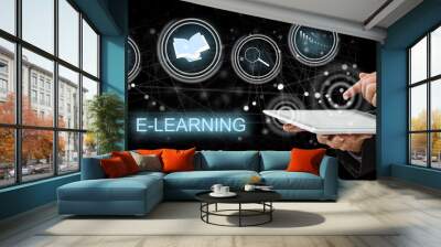 hand pressing learning word button. business concept. e learning Wall mural