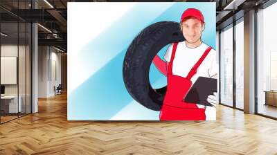 male mechanic holding a wrench and wheel, cartoon character, car tire, tyre service illustration Wall mural