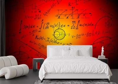 Math physics formulas and symbol on red background Wall mural