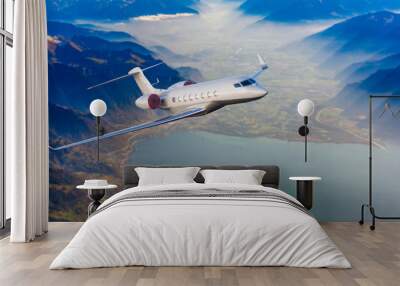 Passenger airplane. Landscape with big white airplane is flying in the sky over the clouds and sea at colorful sunset. Passenger aircraft. Business trip. Commercial plane.Travel Wall mural