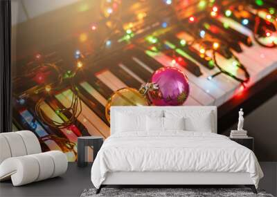 Piano keyboard with Christmas decoration, closeup Wall mural