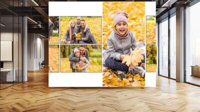 Portrait of happy family in autumn park Wall mural