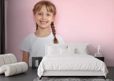 t-shirt design concept - smiling little girl in blank white t-shirt pointing at herself Wall mural