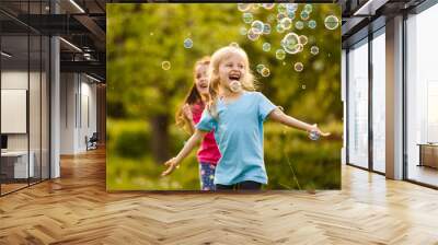 Two Little girl fun with soap bubbles in summer park, green fields, nature background, spring season Wall mural