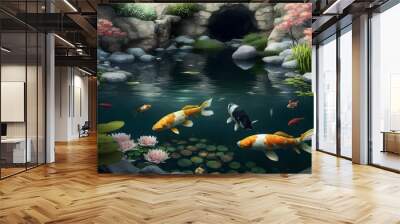 Colorful koi fish swimming in the lake Wall mural