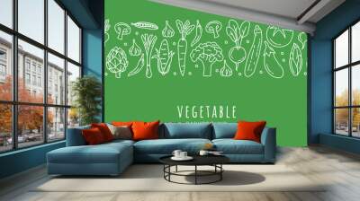 hand drawn vegetables seamless pattern, doodle veggies, great for textiles, wrapping, packaging - vector design on green background Wall mural