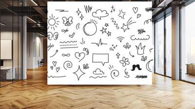 Set of cute pen line doodle element vector. Hand drawn doodle style collection of heart, arrows, scribble, speech bubble, star. Cute isolated collection for office Wall mural