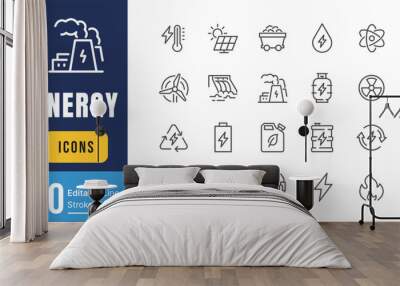 Set of Energy Types Related Vector Line Icons. Contains such Icons as Hydroelectric Power Station, Solar Cells, Fossil Fuels and more. Editable Stroke. Wall mural