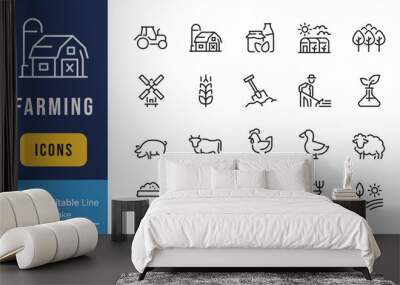 Set of Farming Related Vector Line Icons. Contains such Barn, Livestock, Tree Garden and more. Editable Stroke. Wall mural