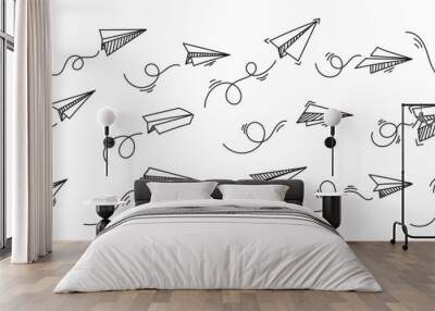 Set of Vector paper airplane. Travel, route symbol. Set of vector illustration of hand drawn paper plane. Isolated. Outline. Hand drawn doodle airplane. Black linear paper plane icon. Wall mural