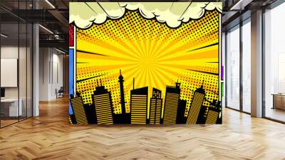 Colorful comic scene background with city silhouette Wall mural