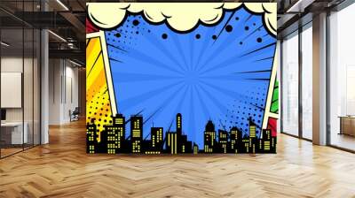 Colorful comic scene background with city silhouette Wall mural