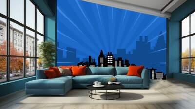 Comic blue background with city silhouette Wall mural