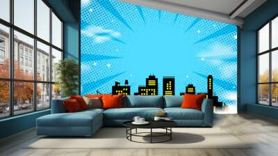 Comic cartoon blue background with city silhouette  Wall mural