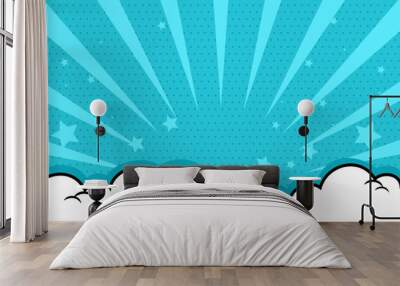 Comic cartoon blue background with cloud and star Wall mural