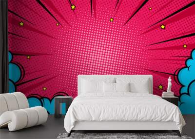 Comic pink background with blue cloud frame Wall mural