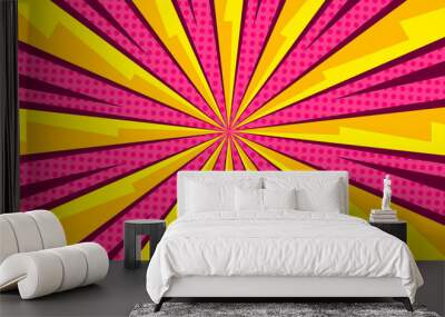 Comic pop art yellow and pink radial background Wall mural