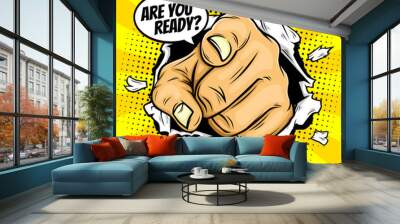 Hand pointing vector with are you ready text in comic cartoon style Wall mural