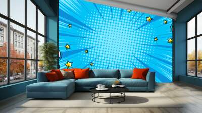 Pop art comic background with cloud and star. Cartoon Vector Illustration on blue Wall mural