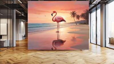 flamingo on the beach at sunset Wall mural