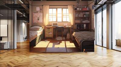 A cozy student room illustration, depicting a Japanese high school student's personal space with posters of their favorite anime and manga adorning the walls. Wall mural