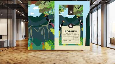 tropical rainforest with hornbill bird illustration suitable for coffee packaging design Wall mural