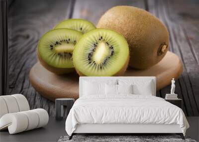 sliced kiwi fruit on wood block and old wood background Wall mural