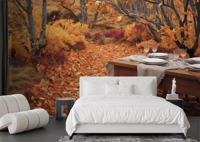 Wooden table with orange leaves autumn background Wall mural